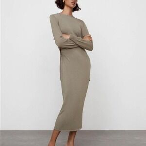 Zara Taupe Grey Knit Midi Dress Women's Sz M Open Slides Minimalist Clean Girl